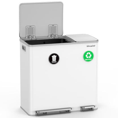 Lovewind Dual Trash Can, 14 + 6 Gallon Garbage Can for Kitchen Dual Compartment Recycling Kitchen Step Trash Bin, Stainless Steel Trash and Recycle Bin Combo with Soft-Close Lid, White - color: White, size: 14 + 6 Gallon