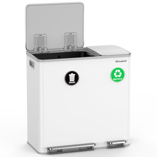 Lovewind Dual Trash Can, 14 + 6 Gallon Garbage Can for Kitchen Dual Compartment Recycling Kitchen Step Trash Bin, Stainless Steel Trash and Recycle Bin Combo with Soft-Close Lid, White - color: White, size: 14 + 6 Gallon