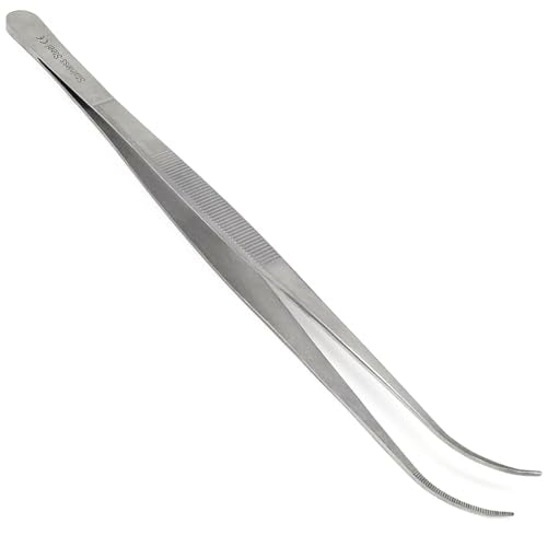 Professional Culinary Stainless Steel Precision Tongs With Serrated Tips - 12 Inch Curved Plating/Food Presentation Detailing Serving Tweezer - Chef's Kitchen Ultra Non-Slip Grip - size: 12" Curved Slim