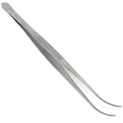 Professional Culinary Stainless Steel Precision Tongs With Serrated Tips - 12 Inch Curved Plating/Food Presentation Detailing Serving Tweezer - Chef's Kitchen Ultra Non-Slip Grip - size: 12" Curved Slim