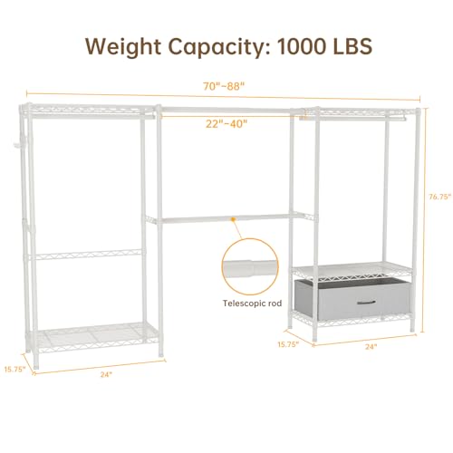 Golpart Heavy Duty Clothing Rack with Adjustable Shelves Clothes Wardrobe - color: White, size: 15"DX(70-88)"WX74.5"H