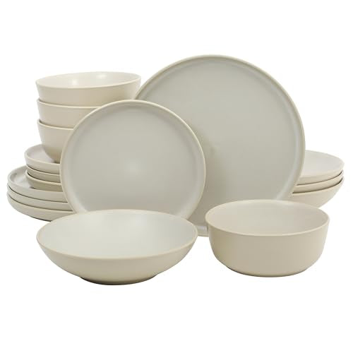Gibson Elite Tribeca Loft 16-Piece Dinnerware Set – Matte Cream and White Reactive Glaze Stoneware, Double Bowl Round Plates and Bowls – Modern Neutral Tableware for 4, Dishwasher & Microwave Safe - color: Matte Cream & White (Tribeca Loft)