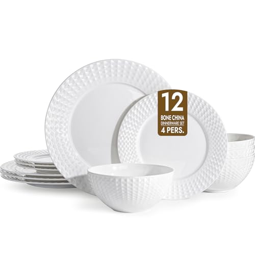 KINGSTONE 12Pc Rhombus Edge White Bone China Set, Service for 4 - color: White-Rhombus, size: service for 4-12pcs
