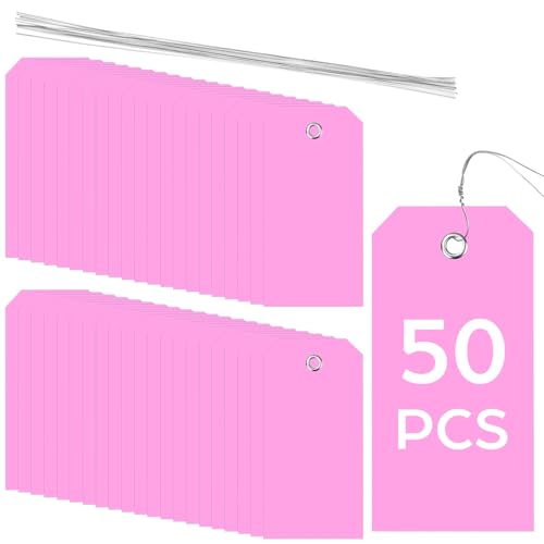 50 Pack Pink Plastic Shipping Tags with Wire Ties, 4.72 x 2.36 inches Heavy Duty Industrial Hang Tags, Blank Identification Labels for Warehouse, Inventory & Outdoor Equipment (Pink) - color: Pink