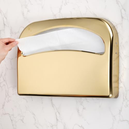 Domensi 2 Pcs Stainless Steel Toilet Seat Cover Dispenser Commercial Toilet Seat Wall Mount Half Fold Cover Holder with Screws for Office Restaurant Home Bathroom School, 16.4 Inch (Gold) - color: Gold