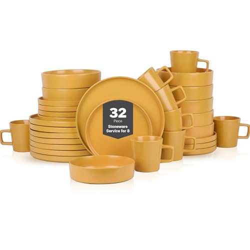 Stone Lain Cleo Modern Stoneware 32-Piece Dinnerware Set, Plates and Bowls Set, Pasta Bowls, Dish Set Service For 8, Yellow - color: Yellow, size: Service For 8, style: Dinnerware Set