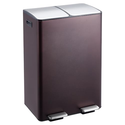 Garvee Dual Trash Can, 16 Gal (2 x 30 l) Stainless Steel Kitchen Garbage Can with Lid and Inner Bucket, Double Compartment Trash and Recycle Bin Combo with Step Pedal for Home Office, Brown - color: Brown, size: 30L+30L