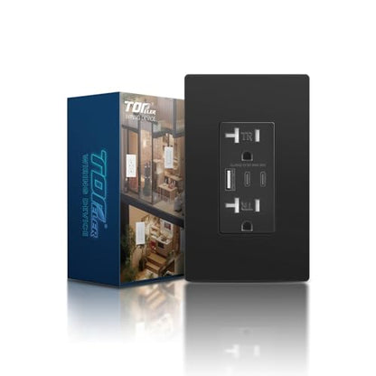 TOPELER Black USB Wall Charger Outlets, 6.0A/30W Wall Receptacle w/USB-C&A - color: Black, size: 20A