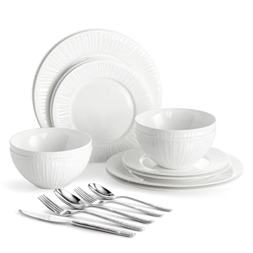 KINGSTONE 12Pc Bone China Dinnerware Set & 20Pc Flatware Combo Set for 4 - color: White-striped, size: service for 4-32pcs