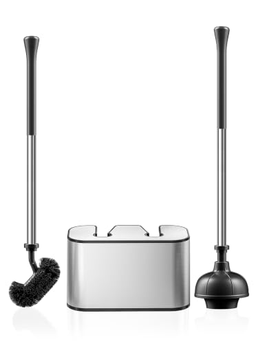 HAMITOR Toilet Bowl Brush and Plunger Set: 2-in-1 Stainless Steel Combo - color: Silver