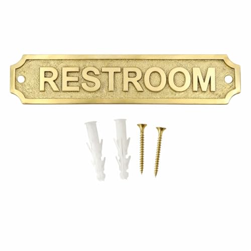 Solid Brass RESTROOM Door Sign Plaque 22 x 5 cm Engraved Bathroom Sign Plate Wall Mount with Screws for Home Office Hotel Restaurant Washroom Identification Signage - color: RESTROOM