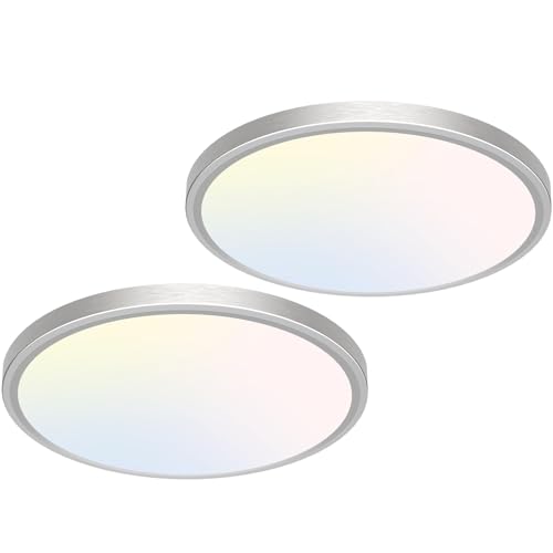 libtit 12 inch Flush Mount LED Ceiling Light Fixture, 3000K 4000K 6500K Adjustable, 28W 3200lm Brushed Nickel Satin Round Ceiling Lamp for Bathroom Hallway Kitchen Bedroom, 2 Pack - color: Brushed Nickel, size: 12in-2Pack