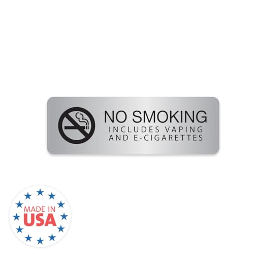 Silver No Smoking Includes Vaping And E-Cigarettes Sign / 3" x 9" Easy Adhesive Indoor Wall Sign/Hotel Restaurant Small Business Alternative Door Mount Notice/Made In The USA - color: Silver, style: No Smoking or Vaping