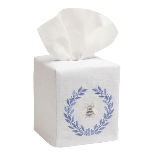 Jacaranda Living Square Tissue Box Cover, Linen/Cotton Fabric Tissue Holder, Decorative Cloth Tissue Cube Cover, Nature Designs Napoleon Bee Wreath (Blue) - color: Napoleon Bee Wreath (Blue)