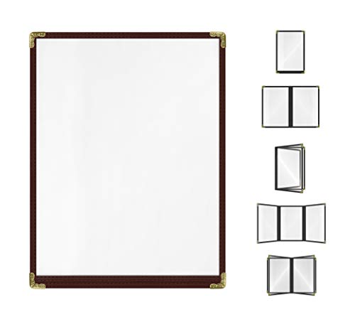 Brown, 25 Pack,1 Page / 2 Views - 8.5" x 11", Cafe Style Menu Cover, Top-Loading Double Stitched Edge, Crystal Clear Vinyl Menu Holder with Gold Decorative Corners - color: Brown, size: 1 Page / 2 Views - 8.5" x 11"