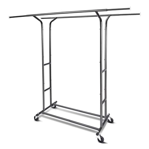 Fishat Black 60" H Heavy Duty Double Rod Rolling Clothes Garment Rack - color: Black