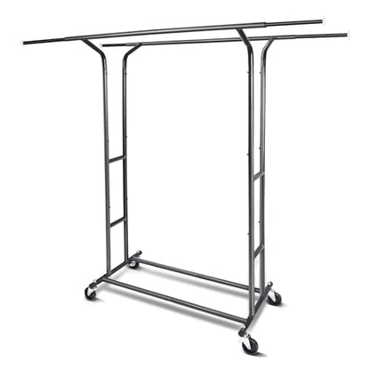 Fishat Black 60" H Heavy Duty Double Rod Rolling Clothes Garment Rack - color: Black