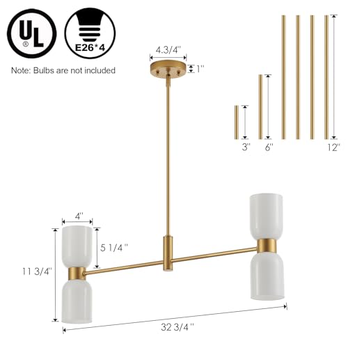 Modern Linear Chandelier for Kitchen Island, Gold Island Light Fixtures with White Glass Shade, 4-Light Linear Pendant Light Fixture for Dining Room - color: Gold