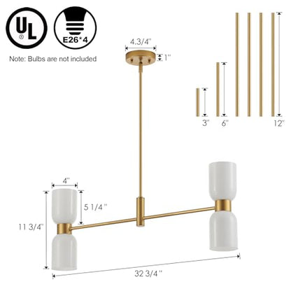 Modern Linear Chandelier for Kitchen Island, Gold Island Light Fixtures with White Glass Shade, 4-Light Linear Pendant Light Fixture for Dining Room - color: Gold