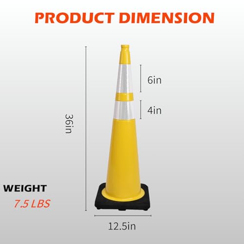 6 Pack 36 Inch Yellow Heavy Duty Traffic Cones Black Base Stable, Professional Use for Highway Safety, Parking Management, Work Zones (6, Yellow, 36 Inch) - color: Yellow, size: 36 Inch