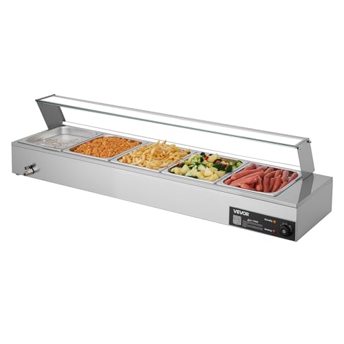VEVOR Commercial Food Warmer, 1500W Electric Stainless Steel Steam Food Warmer with Glass Cover, Countertop Buffet Bain Marie with Five 1/2 Size Food Pans, for Catering, Restaurant, Party & Buffets - size: 5*1/2Pan