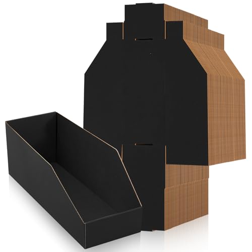 Fuyoooo 30 Pack 12 x 4 x 4. 5 Inches Cardboard Storage Bins Open Top Bin Boxes Black Corrugated Shelf Organizer Bins for Pantry, Parts, Garage, Snacks, Bottles, Cans or Warehouse Home Cubby - size: 12 x 4 x 4. 5 Inches
