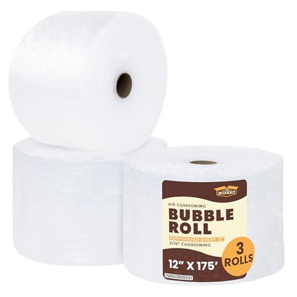 The Boxery 12 inch x 175 feet Bubble Roll, Small Bubble 3/16 inch Cushioning Wrap, Perforated Every 12 inch for Packing Moving Shipping Supplies, 3 Rolls, 525 ft Total - size: 12 inch x 525 ft