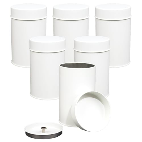 Tea Tin Canister, 6 Pack Round Metal Tea & Coffee Storage Tins with Double Seal Lid, 16 oz Loose Leaf Tea Container, Kitchen Canisters for Sugar, Herbs, Spices, Airtight, 4.7"x3" (White)