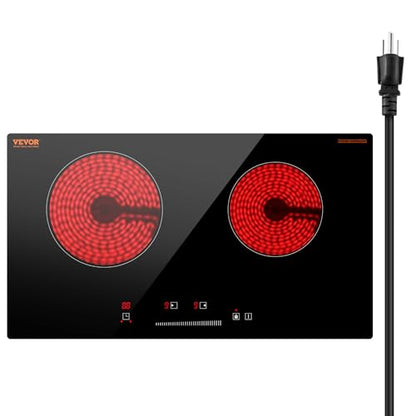 VEVOR Electric Radiant Cooktop, 24in 2 Burners Built-in Electric Stove Top, 1800W Ceramic Top Cooktop with Glass Panel, Touch Control, 9 Heat Level, Residual Heat Indicator,Timer, Child Lock, 120V - size: 24 IN-2 Burner+Touch Control