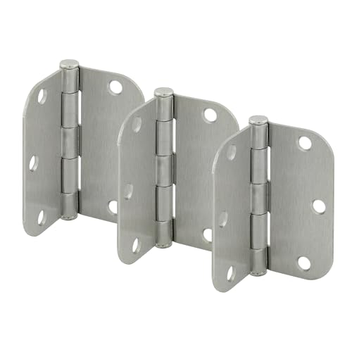 Prime-Line U 1156853 Door Hinge Commercial Smooth Pivot 2 Ball Bearing, 3-1/2 in. x 3-1/2 in. with 5/8 in. Radius Corners, 3 Holes per Leaf with Screws, Satin Nickel Finish, .122 in. Gauge (3 Pack)