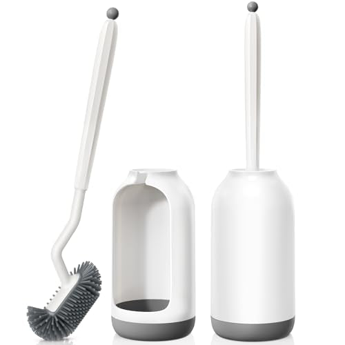 HAMITOR Toilet Bowl Brush Holder Set: 2Pack Deep Cleaning Silicone Toilet Scrubber Under Rim with Curved Bristle for Bathroom Dead Corner Clean - Modern Rv Decorative Accessories - color: White, size: 2Pack