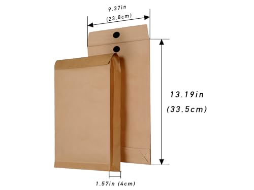 10 Pack Large Kraft Manilla Envelopes, 9.3" x 13" Big Envelopes for Documents, Expandable Hook-and-Loop Closure, Tear-Resistant Mailing Envelopes for Office, Business, File Storage