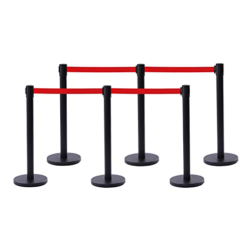 Crowd Control Stanchion, Set of 6 Pieces Stanchion, with 6.6 ft/2 m Red Retractable Belt, Black Steel Crowd Control Barrier w/Rubber Base - Easy Connect Assembly