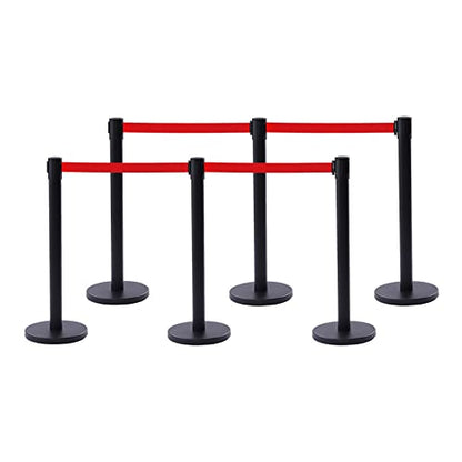 Crowd Control Stanchion, Set of 6 Pieces Stanchion, with 6.6 ft/2 m Red Retractable Belt, Black Steel Crowd Control Barrier w/Rubber Base - Easy Connect Assembly
