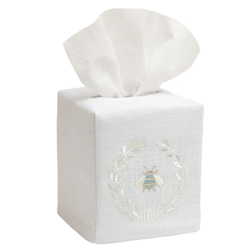 Jacaranda Living Square Tissue Box Cover, Linen/Cotton Fabric Tissue Holder, Decorative Cloth Tissue Cube Cover, Embroidered Bee Designs, Napoleon Bee Wreath (Cream) - color: Napoleon Bee Wreath (Cream)