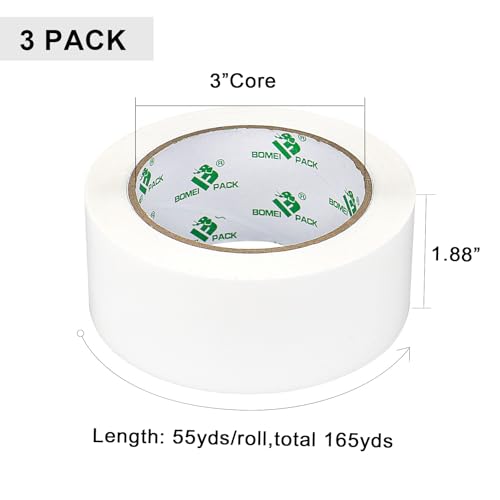 BOMEI PACK Packing Tape with Red Dispenser White Packaging Tape for Shipping Moving Strong Sealing Adhesive Industrial Depot Tapes for Storage 1.88 inch x 55 Yards, 3 Rolls - color: white