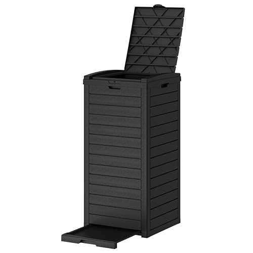 Fancyango Resin Outdoor Trash Can with Lid, 31 Gallon, Jet Black - color: Jet Black, size: 31 Gallon