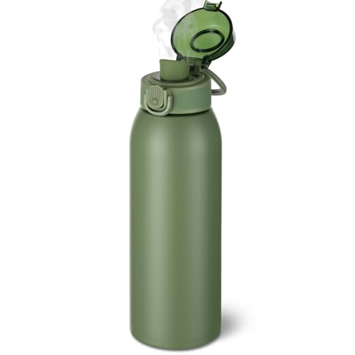 Insulated Water Bottle 24 oz with Dustproof Lid, Carry Handle & Tea Infuser, BPA-Free & Leakproof, Stainless Steel Water Bottles Ideal for Fitness, Hiking, Office & Outdoor Use（Olive Green） - color: Olive Green, size: 24 Ounces
