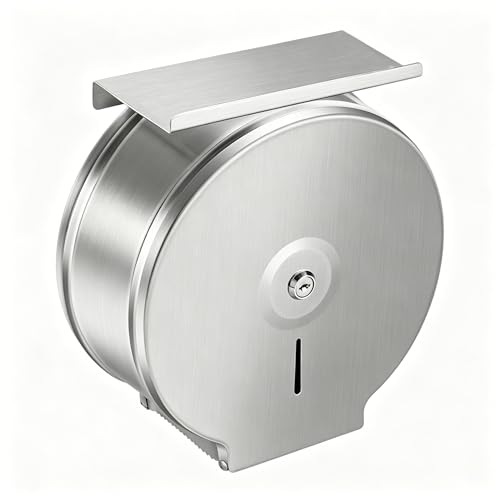 Commercial Jumbo Toilet Paper Dispenser with Shelf, Brushed Stainless Steel Toilet Paper Holder Wall Mount, 9 Inch Bathroom Tissue Roll Dispenser with Lock Key - color: Brushed Silver With Shelf
