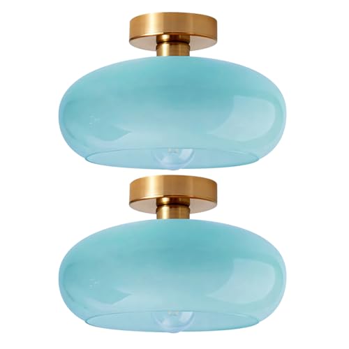 Lighting Mid Century Glass Flush Mount Ceiling Light Nordic Round Semi Flush Mount Ceiling Light Fixtures wtih Blue Dome Glass Shade Bathroom Overhead Lights Hallway Lights Fixture - color: Flush-Blue 2