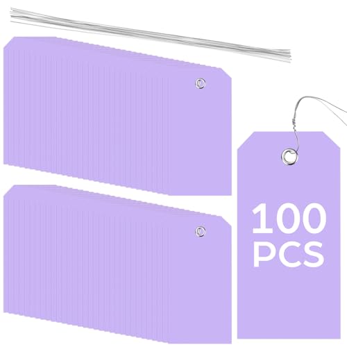 100 Pack Purple Plastic Shipping Tags with Wire Ties, 4.72 x 2.36 inches Heavy Duty Industrial Hang Tags, Blank Identification Labels for Warehouse, Inventory & Outdoor Equipment (Purple) - color: Purple