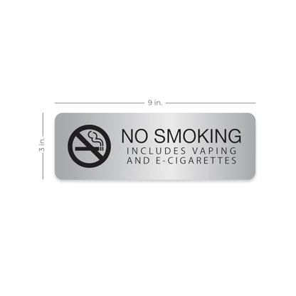 Silver No Smoking Includes Vaping And E-Cigarettes Sign / 3" x 9" Easy Adhesive Indoor Wall Sign/Hotel Restaurant Small Business Alternative Door Mount Notice/Made In The USA - color: Silver, style: No Smoking or Vaping