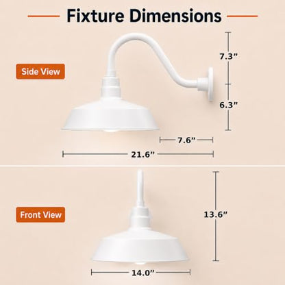 14in. White Outdoor Gooseneck Barn Light Fixture, 5000K Cool White - color: White (2-Pack), size: 14-1/2 in Gooseneck Arm
