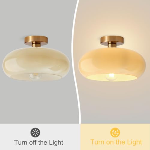 Brass Flush Mount Ceiling Light Mid Century Modern Ceiling Light fixtures Brushed Gold Milk Yellow Glass Semi Flush Mount Ceiling Light Farmhouse Hallway Dining Room Ceiling Lamp - color: Flush-Milk Yellow