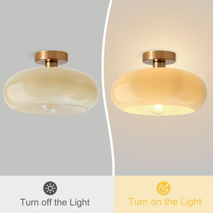 Brass Flush Mount Ceiling Light Mid Century Modern Ceiling Light fixtures Brushed Gold Milk Yellow Glass Semi Flush Mount Ceiling Light Farmhouse Hallway Dining Room Ceiling Lamp - color: Flush-Milk Yellow