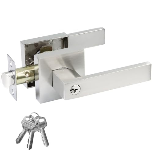 JO.KO Entry Door Lock, Square Door Lever for Bedroom - color: Satin Nickel, size: 1 Pack