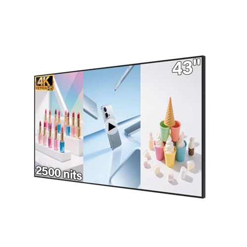 43inch Wall Mount Digital Signage, 4K 2500nits High Brightness Advertising Display, Slim Fit Frameless Digital Kiosk, CMS/Plug & Play Auto Play, 7/24 Timer Switch, Smart Split Screen Play - size: 43"+2500nits