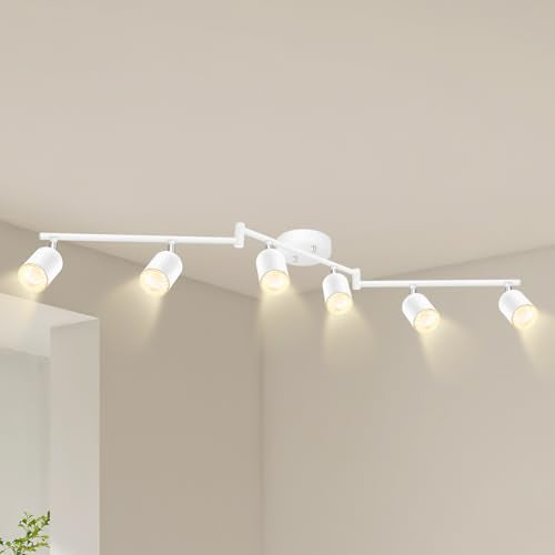 BoostArea LED 6 Light Track Lighting Kit, White 6 Way Ceiling Spot Lighting, Flexibly Rotatable Light Head for Kitchen, Living Room, Bedroom, GU10 Bulb Not Included - color: 6 Light-White