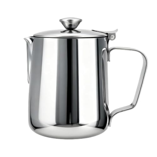 Stainless Steel Milk Frothing Pitcher with Lid 350ml, Coffee Frother Cup for Espresso Cappuccino Latte Hot Chocolate, Dripless Pour Spout Ergonomic Handle for Home Office Cafe Kitchen