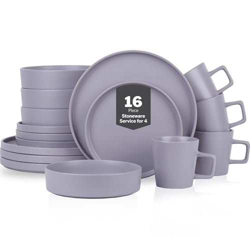 Stone Lain Cleo Stoneware 16-Piece Modern Dinnerware Set, Plates and Bowls, Light Gray, Service for 4, Microwave & Dishwasher Safe - color: Light Gray, size: Service For 4, style: Dinnerware Set